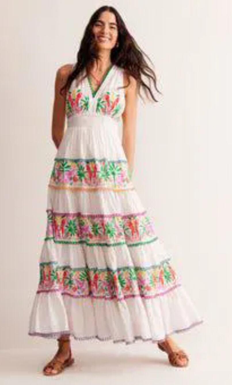 Boden Serena Green Pink Floral Tierd Cotton Maxi Dress US 12